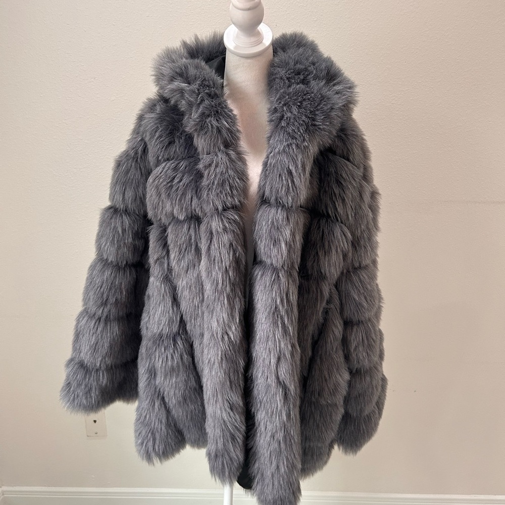 Fhillinuo Purple Faux Fur Coat with Hoodie, Size XXL